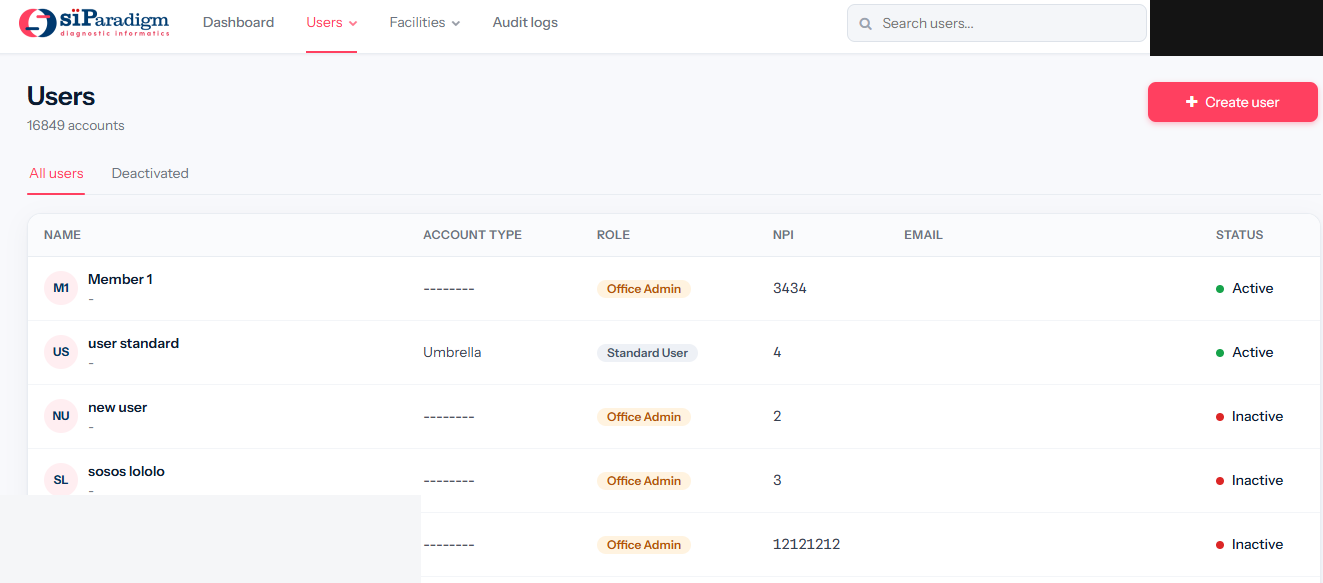 The admin module's Users screen, listing accounts with account type, role, NPI, email, and active or inactive status, with a Create user action.