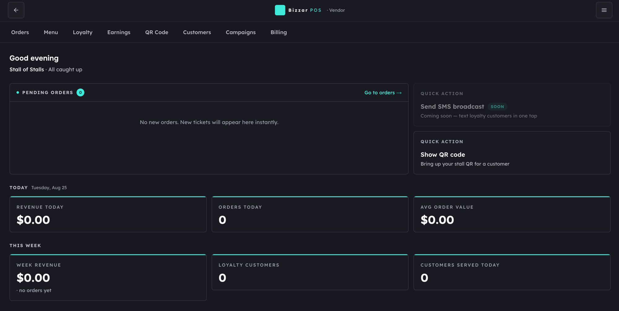 Bizzar's vendor dashboard, showing today's and this week's revenue, order count, average order value, and loyalty customer counts, alongside quick actions to show a stall's QR code.